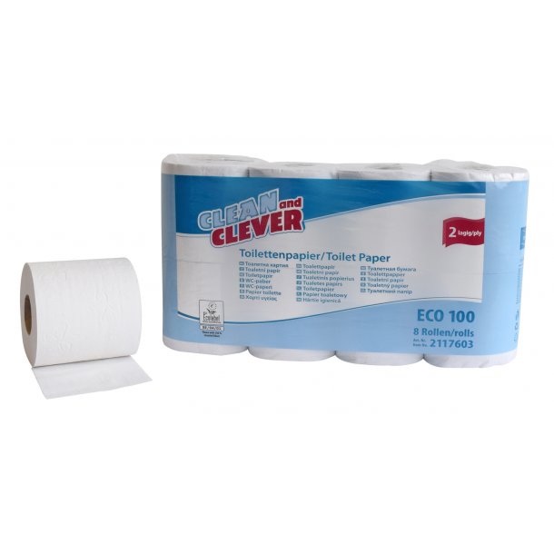 Clean and Clever Eco100 Toiletpapir Naturhvid 2 lag, 250 ark 32 mtr 64 Ruller
